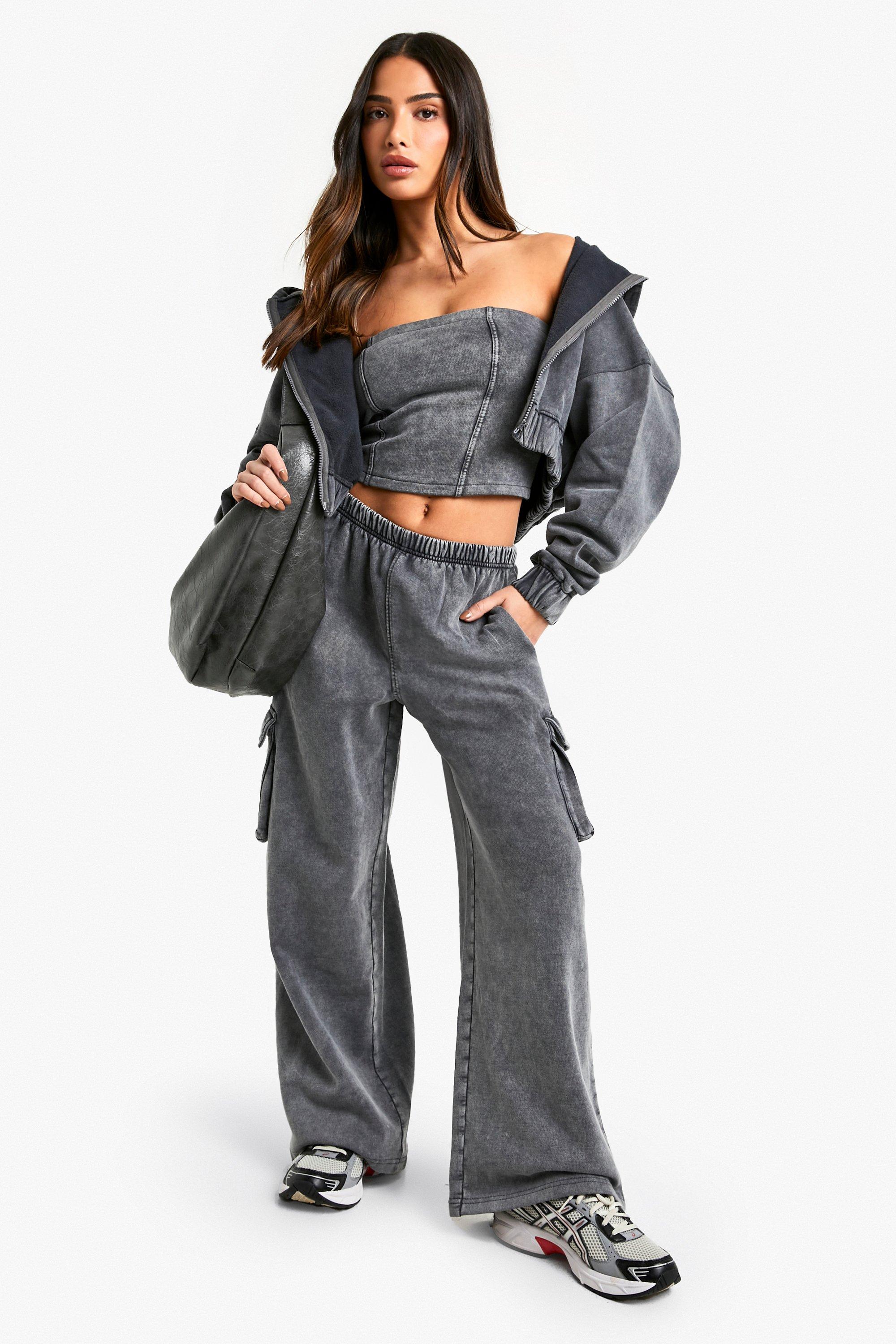 Womens Petite Acid Wash Corset Top Hooded 3 Piece Tracksuit - Grey - Xs, Grey